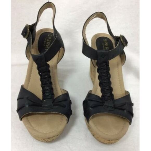 Sperry Womens SZ 6 Leather Black Cork Wedge Platform Sandals - Picture 2 of 11